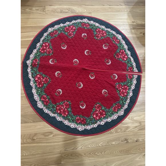Unbranded Other - Vintage Christmas tree skirt handmade quilted lace trim Poinsettia gold rose 59"